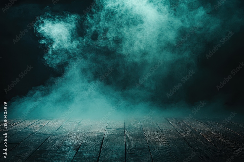 Fototapete eerie teal smoke over distressed wood planks creating an atmospheric stage setting against a dark ba