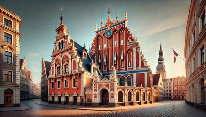 Fototapeta premium Riga, latvia, house of the blackheads and st. Peter's church tower illuminating at sunrise