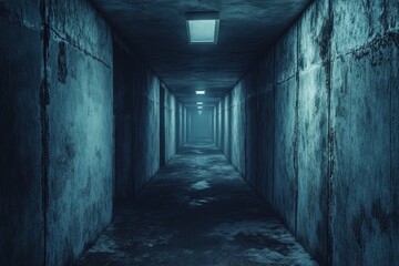 Eerie Underground Tunnel with Dim Fluorescent Lights Long Concrete Corridor in Shades of Blue Creating a Claustrophobic and Gloomy Atmosphere