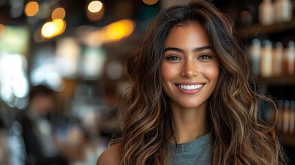 Obraz premium Smiling young woman with long brown hair.