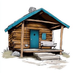 Rustic Wooden Cabin Illustration Teal Door Bench Simple Background