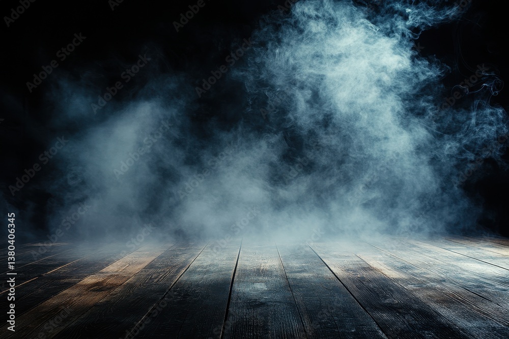 Aufkleber ethereal blue smoke billowing above dark wooden floor in a dark environment creating a mysterious an