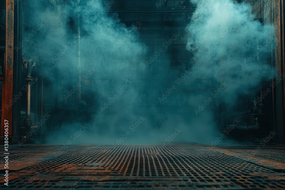 Poster ethereal blue smoke billowing across a textured metal grate in dark industrial space creating an atm