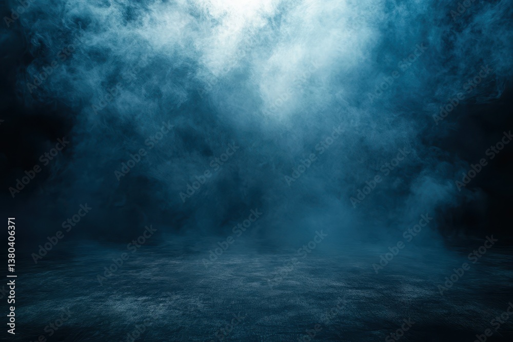 Fototapete ethereal blue smoke illuminated against dark stage background in studio setting with moody lighting 