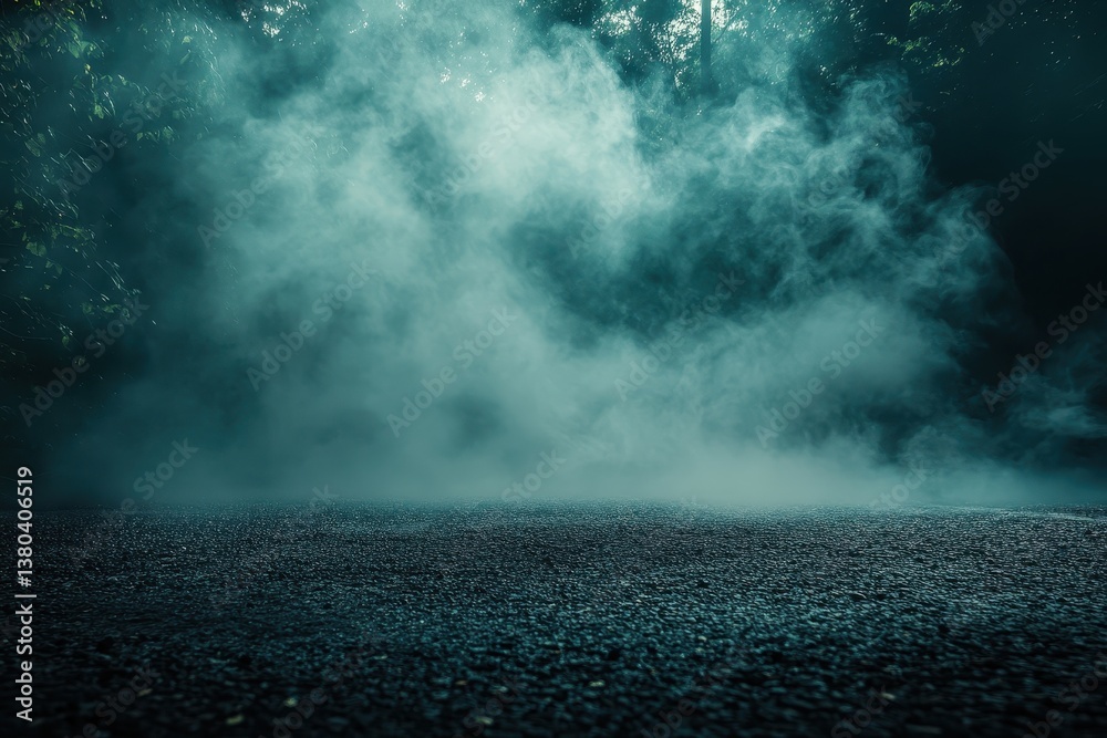 Aufkleber ethereal white mist flowing over dark textured ground underneath silhouetted forest canopy creating 