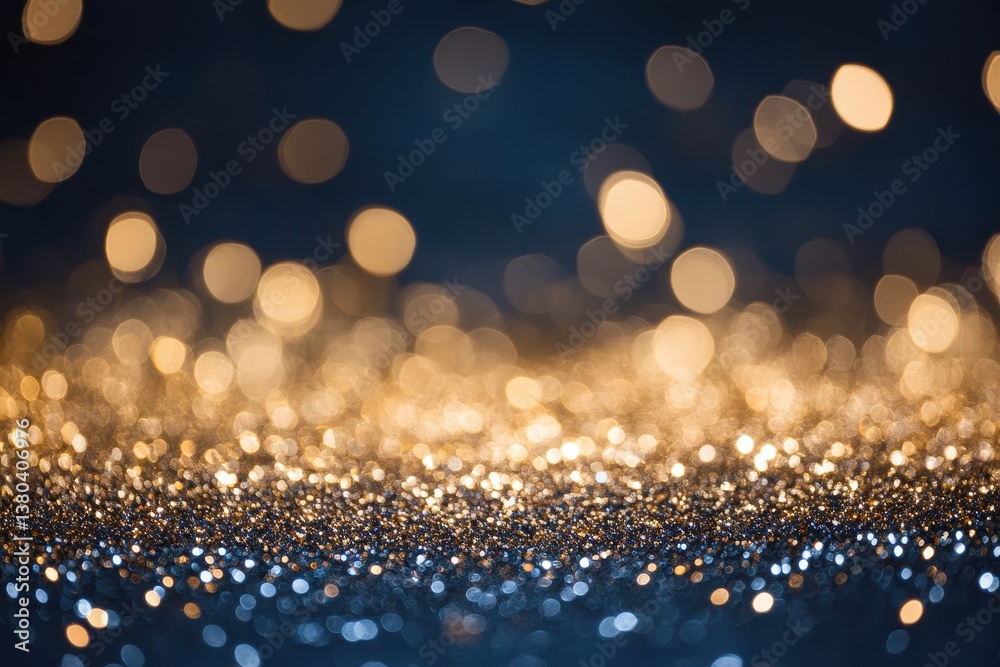 Poster golden bokeh lights on dark blue background with glitter texture for festive celebration and abstrac