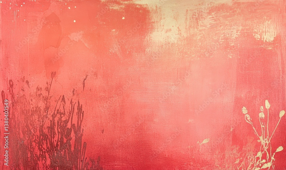 Poster grungy textured red background with splatter and floral pattern with golden yellow highlights aged s
