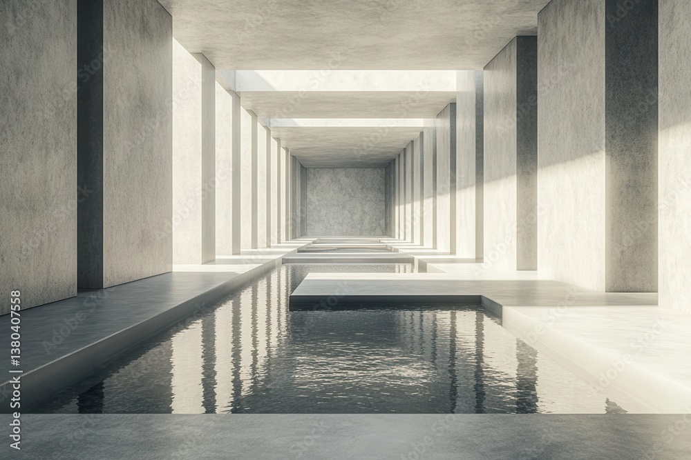 Poster hallway interior with geometric concrete columns and water reflecting daylight neutral tone modern a
