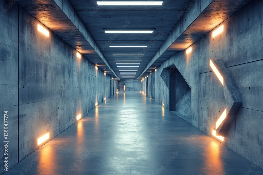 Poster Illuminated Concrete Hallway Interior with Geometric Wall Design in Modern Architecture and Long Perspective with Warm Light and Clean Aesthetic