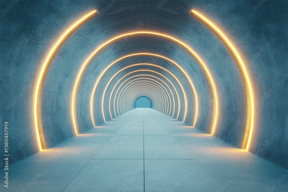 Fototapete illuminated tunnel with circular orange lights and concrete walls showing perspective in modern geom