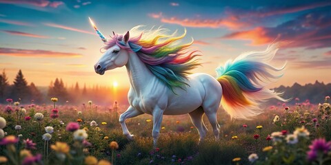 Fototapeta premium Magical Unicorn in Sunset Flower Field - Rainbow Mane & Tail Macro Photography