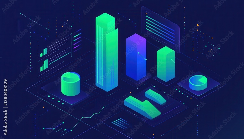 Poster Isometric Pixelated Data Chart with Green and Blue Tones Showing Financial Statistics Analysis and Business Growth in a Modern Digital Abstract Design with a Geometric Pattern