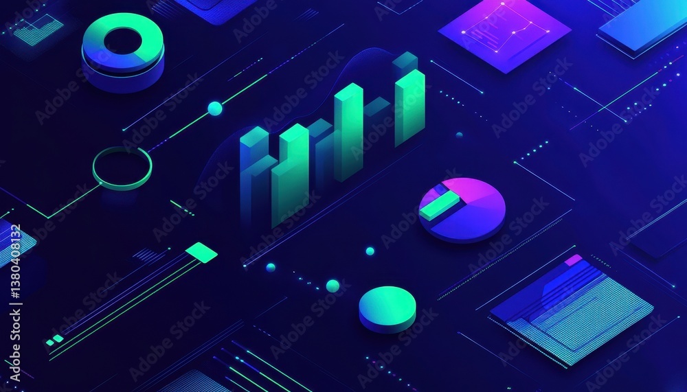 Aufkleber Isometric Data Visualization with Neon Colors Glowing Charts and Graphs Representing Business Analytics in Blue and Green Colors Data Analysis and Reporting with Modern Visual Design