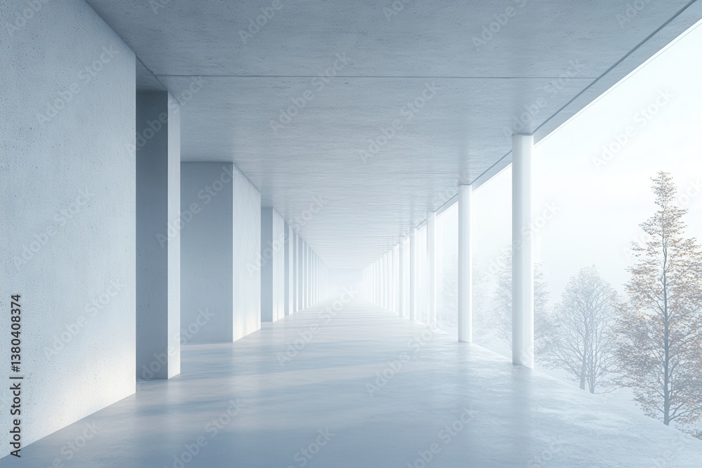 Fototapete long white concrete hallway with symmetrical columns and view of foggy trees in minimalist architect