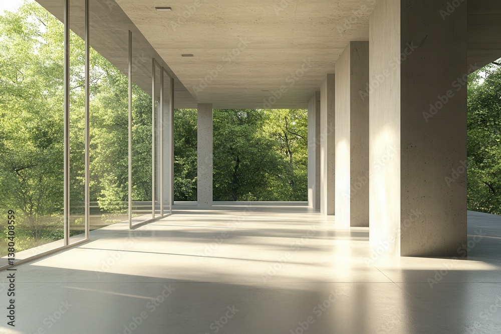 Leinwandbilder Minimalist Concrete Architecture with Sunlight and Green Forest View Featuring Clean Lines and Geometric Design in Daylight and Shadow Creating a Modern Open Space