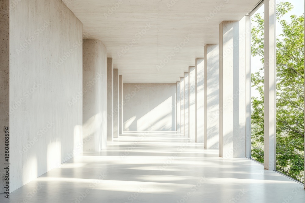 Aufkleber minimalist concrete hallway with geometric columns and natural light streaming through windows revea