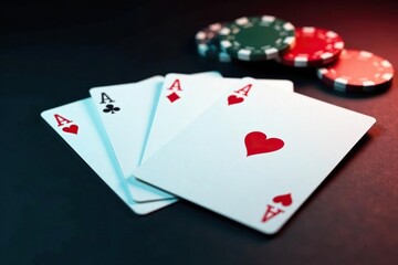 Obraz premium Four aces spread on a surface, showcasing a classic poker hand , flatlay, surface, win