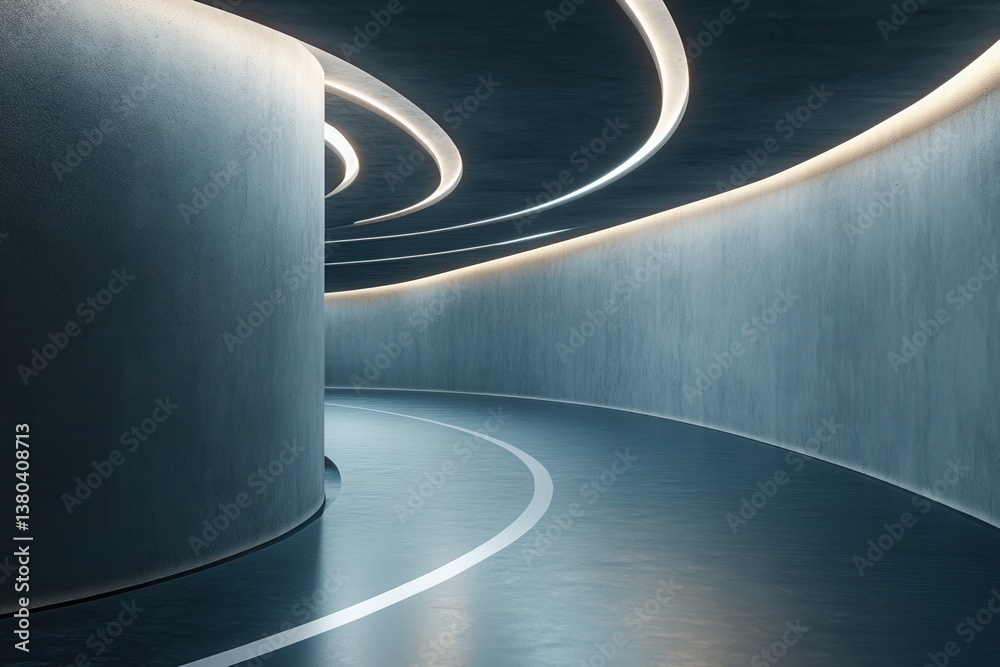 Aufkleber modern curved tunnel interior with concrete walls and soft lighting creates abstract and futuristic 