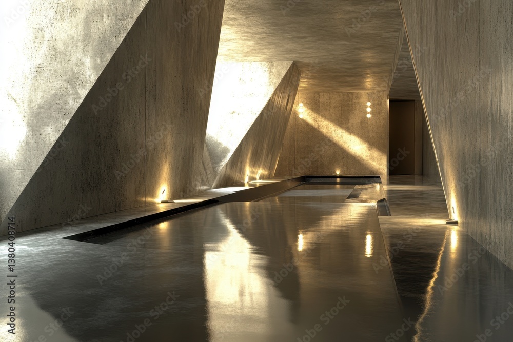 Aufkleber modern concrete interior with sharp geometric architecture and reflections hallway featuring light s