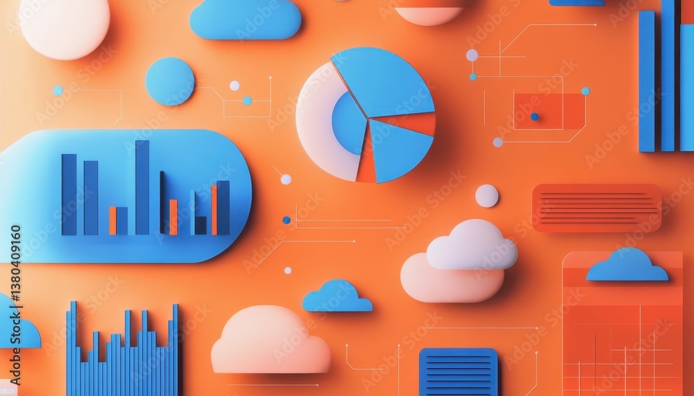 Poster orange background with cloud computing and data analysis charts blue and white 3d render minimalist 