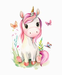 Watercolor illustration of a cute unicorn among butterflies isolated on white background.