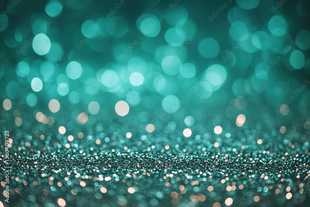 Poster Teal Blue Glitter Background with Golden Light Particles Creating an Atmospheric and Festive Backdrop with Bokeh Effect Ideal for Celebratory Designs