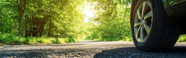 Obraz premium Scenic Green Forest Road with Blue Car for Nature Road Trip