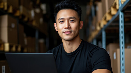 focused Asian man is reviewing stock levels on his laptop in warehouse filled with boxes. His expression shows determination and professionalism as he manages inventory efficiently
