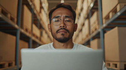 Focused Asian man reviewing stock levels on his laptop in warehouse, surrounded by shelves filled with boxes, showcasing professional and analytical atmosphere