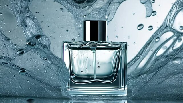 Aqua Essence: A transparent fragrance bottle stands amidst a dynamic splash of water, symbolizing freshness, purity, and the essence of aquatic notes.