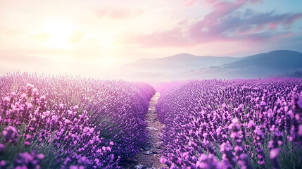 Fototapeta premium Watercolor Scene of Lavender Field at Twilight
