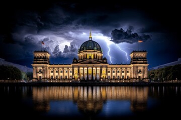 Fototapeta premium A stormy night over Berlin, with lightning striking near the Reichstag and dark clouds looming over the city