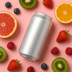A Silver Beverage Can Surrounded by Fruit on Pink Background 