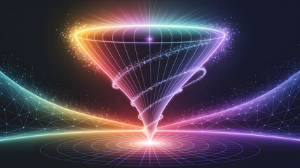 A funnel shape, glowing with energy, showing the sales funnel process from lead to conversion.