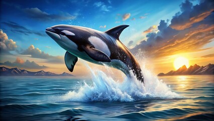Fototapeta premium Majestic Killer Whale Leap: Ocean Power & Grace Stock Photo