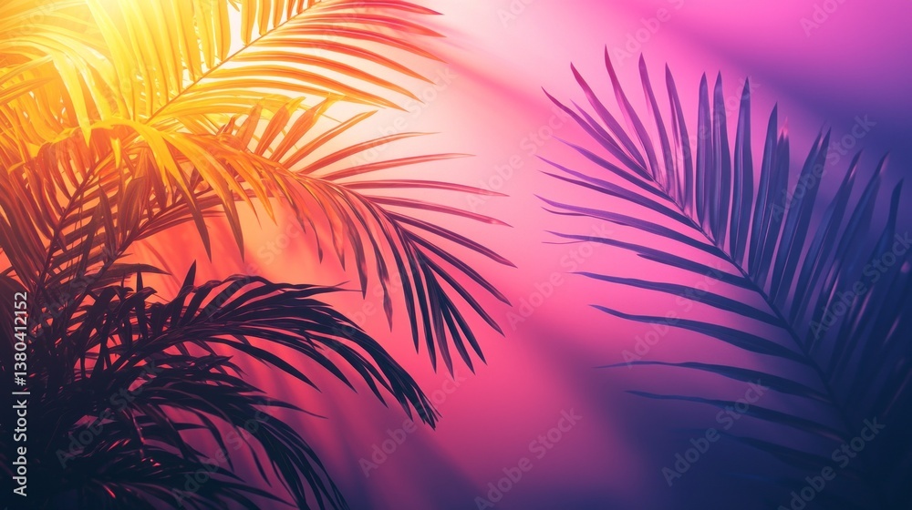Poster Lush palm fronds frame a captivating background where warm oranges and deep purples merge, evoking a tranquil evening atmosphere filled with vibrant energy