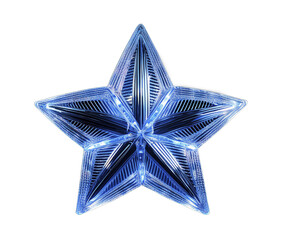 Obraz premium A bright and intricate blue star-shaped decoration illuminated against a dark black background, evoking feelings of celebration and creativity, perfect for festive or artistic design contexts.