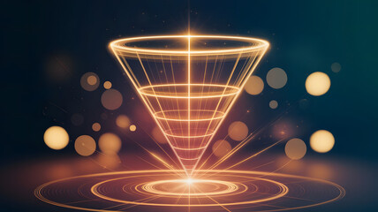 A funnel shape, glowing with energy, showing the sales funnel process from lead to conversion.