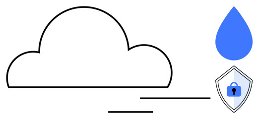 Cloud with lines suggesting movement, blue raindrop, shield with lock icon. Ideal for cloud storage, data protection, cybersecurity, online safety, digital privacy, secure communication abstract