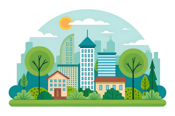 Obraz premium urban cityscape blending skyscrapers, smaller houses, trees, and bushes under a blue sky for eco-conscious campaigns and urban development projects 