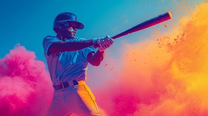 A player takes a powerful swing at the baseball, immersed in colorful smoke that enhances the thrill of the game