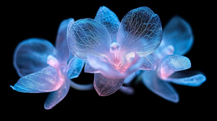 Obraz premium Three beautifully lit orchid flowers display a mesmerizing blend of blue and pink hues. Their translucent petals reveal intricate patterns, captivating viewers with nature's artistry and elegance
