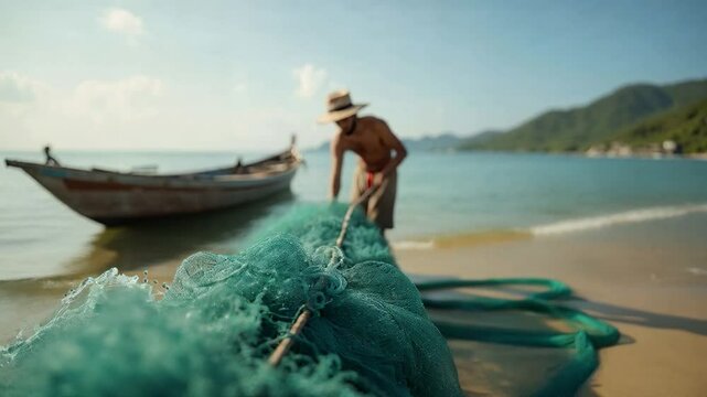 Pescador brasile&ntilde;o tirando red de pesca artesanal en playa tropical de Bah&iacute;a
