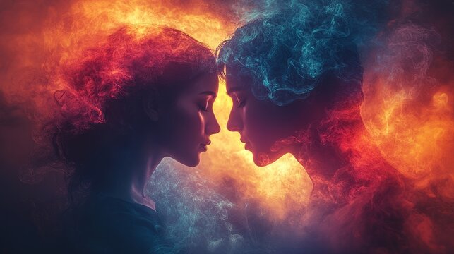 Two figures face each other in a mesmerizing embrace of vibrant hues and swirling smoke, symbolizing deep connection