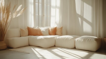 Fototapeta premium Minimalist living room with a white sectional sofa adorned with contrasting orange and neutral-toned pillows
