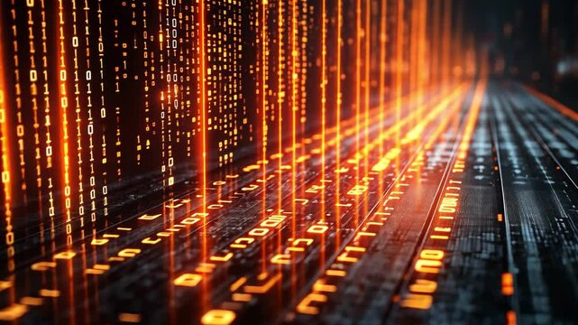 Futuristic digital landscape with glowing binary code cascading down, showcasing mesmerizing depth of technology and data.