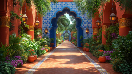 Fototapeta premium Vibrant Arabian Oasis Entrance with Blue Arches, Orange Walls, Lush Greenery, Hanging Lanterns, and White Patterned Rug – Hyper-Realistic 3D Render in High Resolution and Cinematic Detail