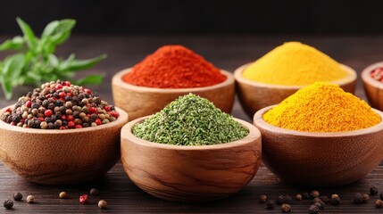 Vibrant assortment of spices in wooden bowls