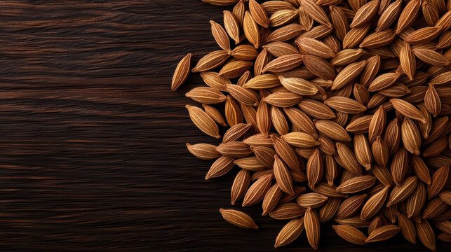 Close-up of aromatic cumin seeds on wooden surface