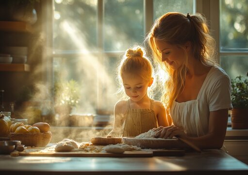 Father and Son Cooking Together in Bright Kitchen Kneading Dough and Baking Cookies in Cheerful Family Scene